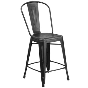 24'' High Distressed Black Metal Indoor-Outdoor Counter Height Stool with Back