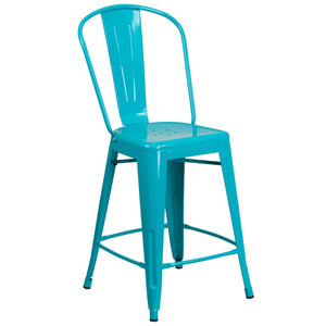 24'' High Crystal Teal-Blue Metal Indoor-Outdoor Counter Height Stool with Back