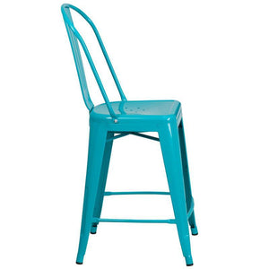 24'' High Crystal Teal-Blue Metal Indoor-Outdoor Counter Height Stool with Back