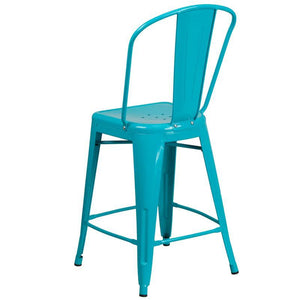 24'' High Crystal Teal-Blue Metal Indoor-Outdoor Counter Height Stool with Back
