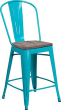 Load image into Gallery viewer, 24&quot; High Crystal Teal-Blue Metal Counter Height Stool with Back and Wood Seat