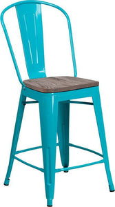 24" High Crystal Teal-Blue Metal Counter Height Stool with Back and Wood Seat