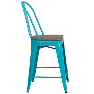 24" High Crystal Teal-Blue Metal Counter Height Stool with Back and Wood Seat