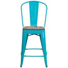 Load image into Gallery viewer, 24&quot; High Crystal Teal-Blue Metal Counter Height Stool with Back and Wood Seat
