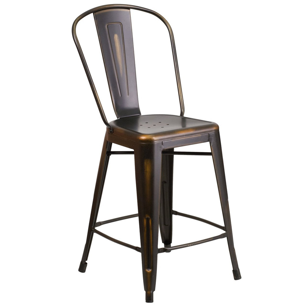 24'' High Distressed Copper Metal Indoor-Outdoor Counter Height Stool with Back