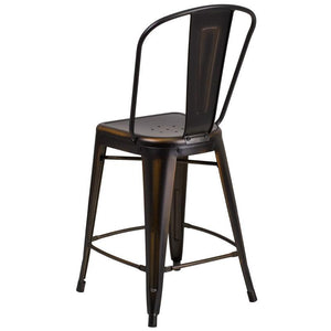 24'' High Distressed Copper Metal Indoor-Outdoor Counter Height Stool with Back