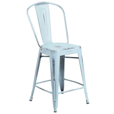 24'' High Distressed Green-Blue Metal Indoor-Outdoor Counter Height Stool with Back