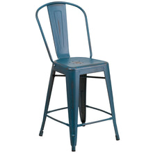 Load image into Gallery viewer, 24&#39;&#39; High Distressed Kelly Blue-Teal Metal Indoor-Outdoor Counter Height Stool with Back