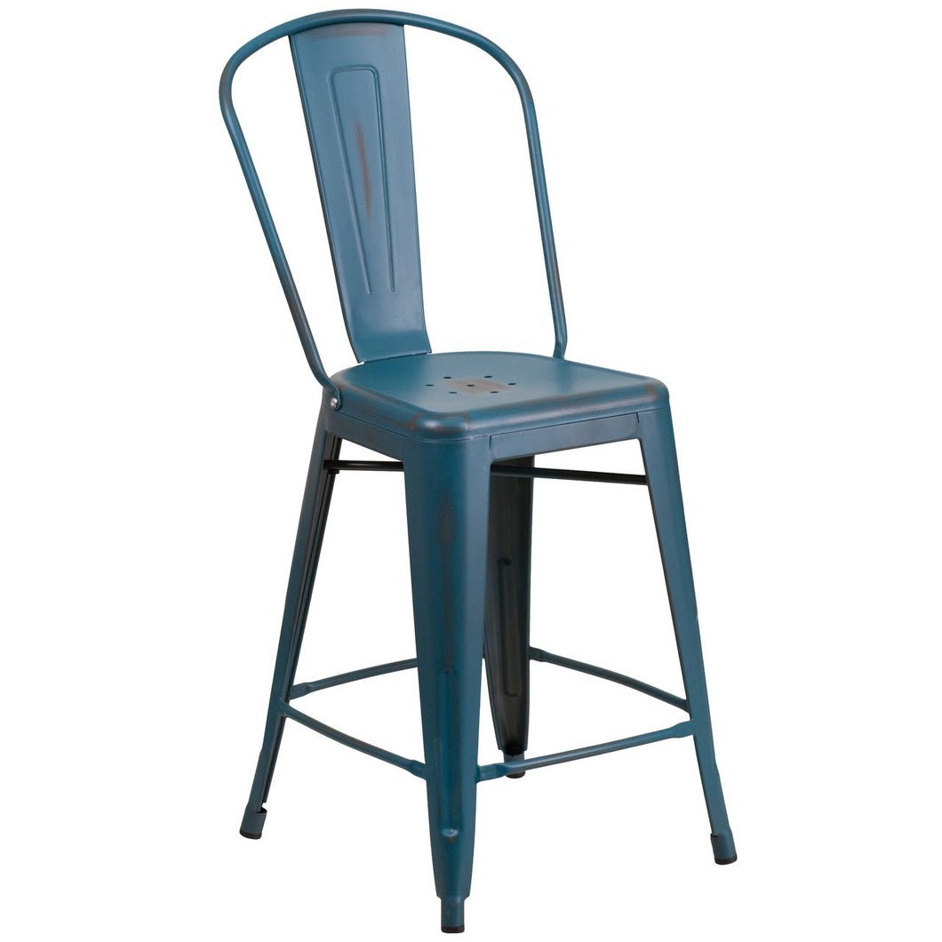 24'' High Distressed Kelly Blue-Teal Metal Indoor-Outdoor Counter Height Stool with Back