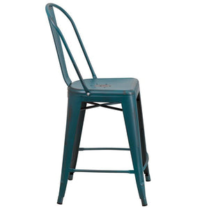 24'' High Distressed Kelly Blue-Teal Metal Indoor-Outdoor Counter Height Stool with Back
