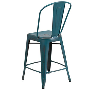 24'' High Distressed Kelly Blue-Teal Metal Indoor-Outdoor Counter Height Stool with Back