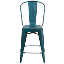 Load image into Gallery viewer, 24&#39;&#39; High Distressed Kelly Blue-Teal Metal Indoor-Outdoor Counter Height Stool with Back