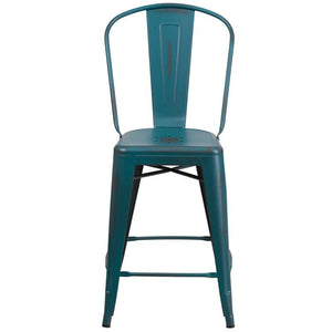 24'' High Distressed Kelly Blue-Teal Metal Indoor-Outdoor Counter Height Stool with Back