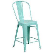 Load image into Gallery viewer, 24&#39;&#39; High Mint Green Metal Indoor-Outdoor Counter Height Stool with Back
