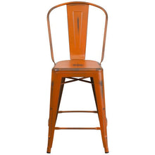 Load image into Gallery viewer, 24&#39;&#39; High Distressed Orange Metal Indoor-Outdoor Counter Height Stool with Back