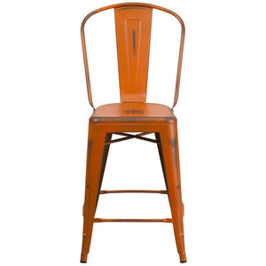 24'' High Distressed Orange Metal Indoor-Outdoor Counter Height Stool with Back