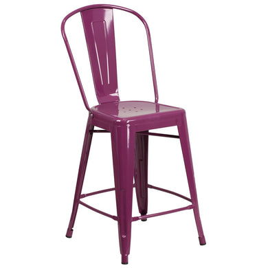24'' High Purple Metal Indoor-Outdoor Counter Height Stool with Back