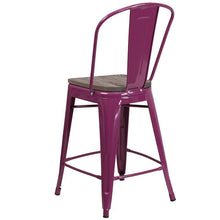 Load image into Gallery viewer, 24&quot; High Purple Metal Counter Height Stool with Back and Wood Seat