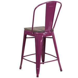 24" High Purple Metal Counter Height Stool with Back and Wood Seat
