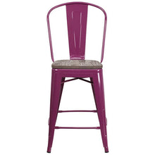 Load image into Gallery viewer, 24&quot; High Purple Metal Counter Height Stool with Back and Wood Seat