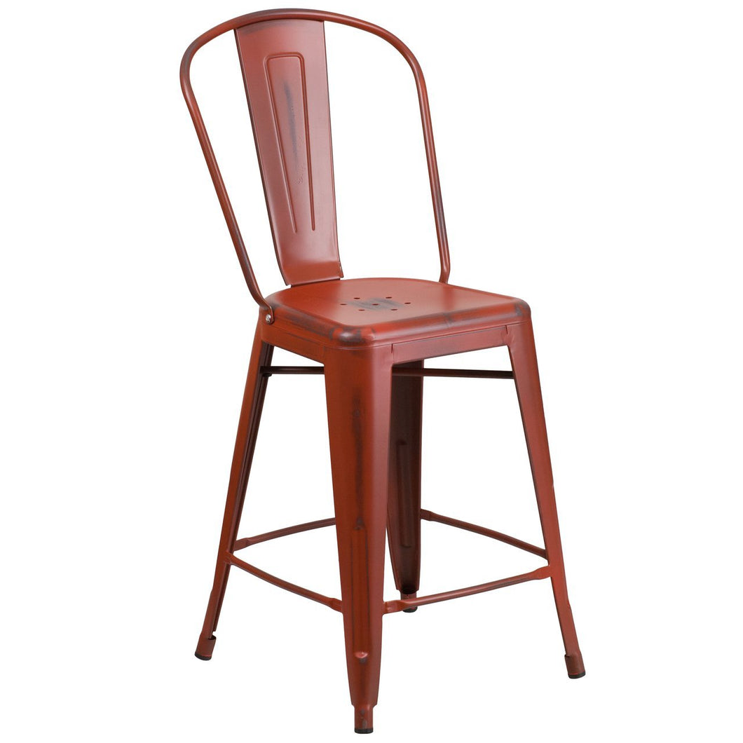 24'' High Distressed Kelly Red Metal Indoor-Outdoor Counter Height Stool with Back