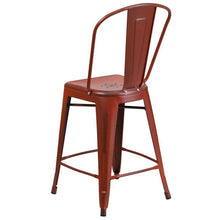 Load image into Gallery viewer, 24&#39;&#39; High Distressed Kelly Red Metal Indoor-Outdoor Counter Height Stool with Back