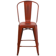 Load image into Gallery viewer, 24&#39;&#39; High Distressed Kelly Red Metal Indoor-Outdoor Counter Height Stool with Back