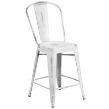 Load image into Gallery viewer, 24&#39;&#39; High Distressed White Metal Indoor-Outdoor Counter Height Stool with Back