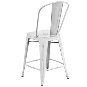 24'' High Distressed White Metal Indoor-Outdoor Counter Height Stool with Back