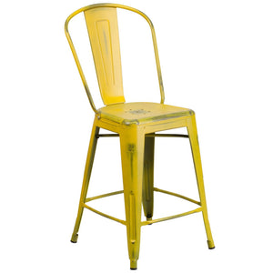 24'' High Distressed Yellow Metal Indoor-Outdoor Counter Height Stool with Back