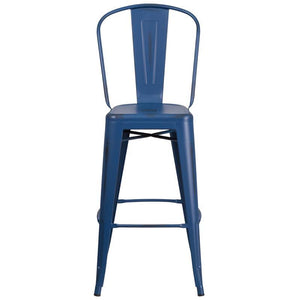 30'' High Distressed Antique Blue Metal Indoor-Outdoor Barstool with Back