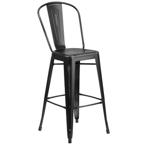 30'' High Distressed Black Metal Indoor-Outdoor Barstool with Back