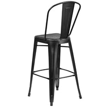 Load image into Gallery viewer, 30&#39;&#39; High Distressed Black Metal Indoor-Outdoor Barstool with Back