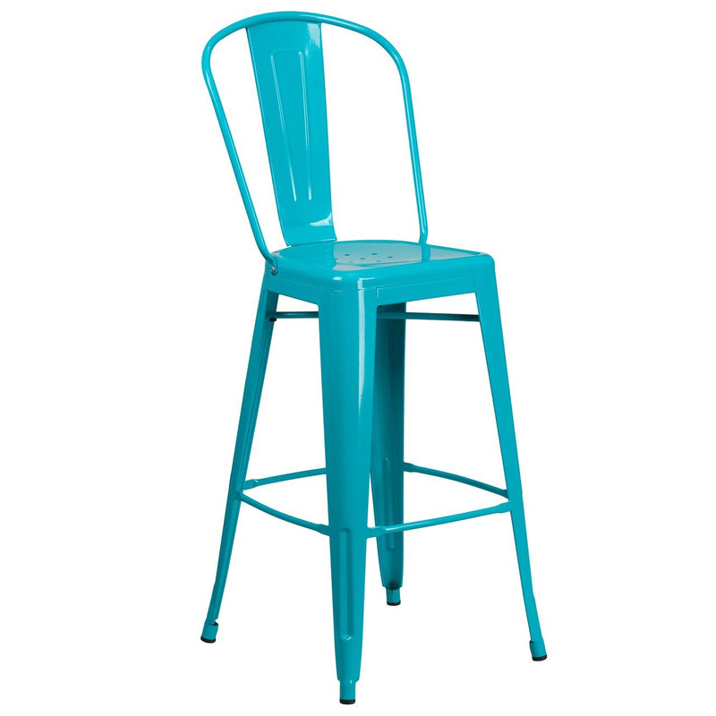 30'' High Crystal Teal-Blue Metal Indoor-Outdoor Barstool with Back