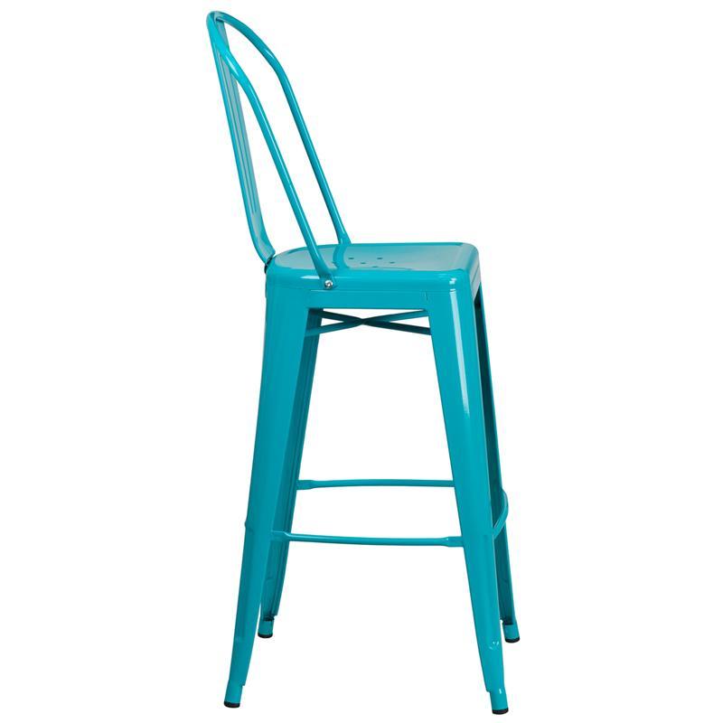 30'' High Crystal Teal-Blue Metal Indoor-Outdoor Barstool with Back