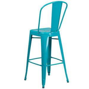 30'' High Crystal Teal-Blue Metal Indoor-Outdoor Barstool with Back
