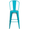 30'' High Crystal Teal-Blue Metal Indoor-Outdoor Barstool with Back