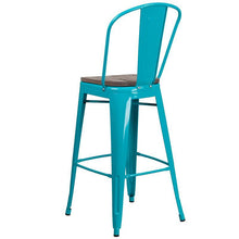 Load image into Gallery viewer, 30&quot; High Crystal Teal-Blue Metal Barstool with Back and Wood Seat