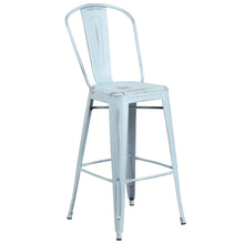 Load image into Gallery viewer, 30&#39;&#39; High Distressed Green-Blue Metal Indoor-Outdoor Barstool with Back
