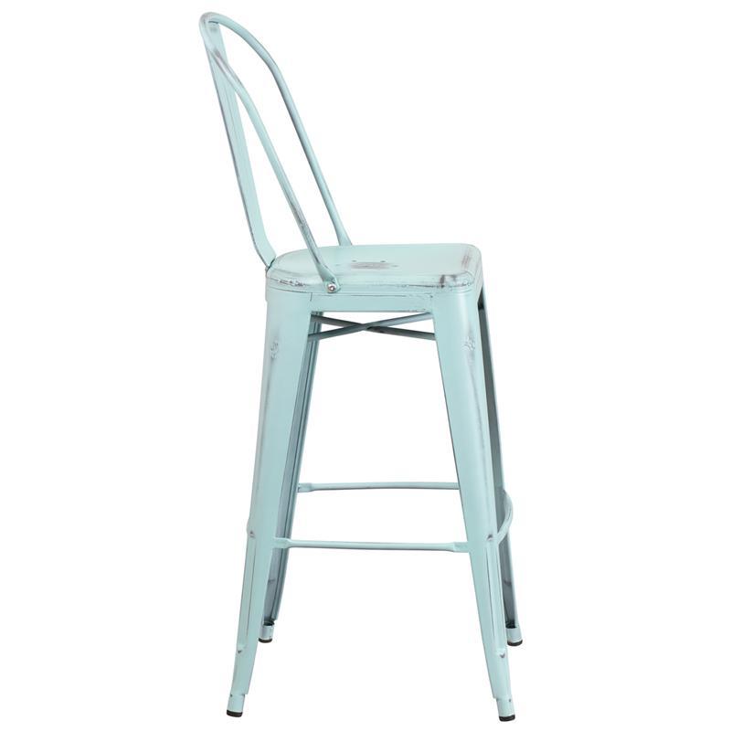 Distressed Green-Blue Metal Barstool with Back