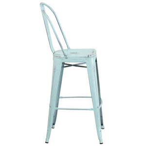 30'' High Distressed Green-Blue Metal Indoor-Outdoor Barstool with Back