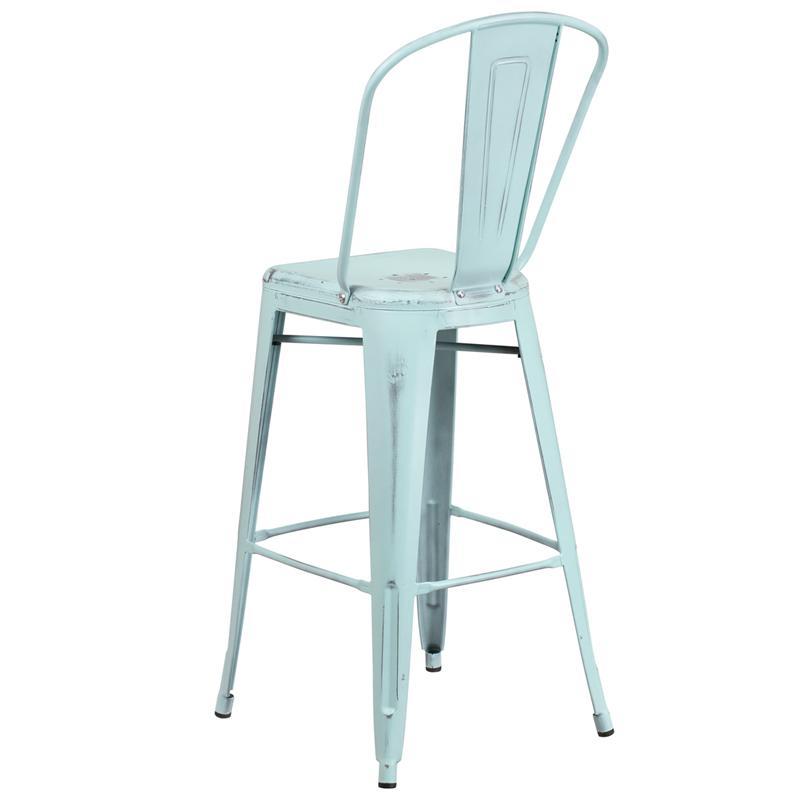 30'' High Distressed Green-Blue Metal Barstool with Back