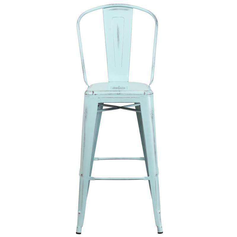 30'' Distressed Green-Blue Metal Barstool with Back