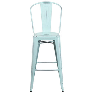30'' High Distressed Green-Blue Metal Indoor-Outdoor Barstool with Back