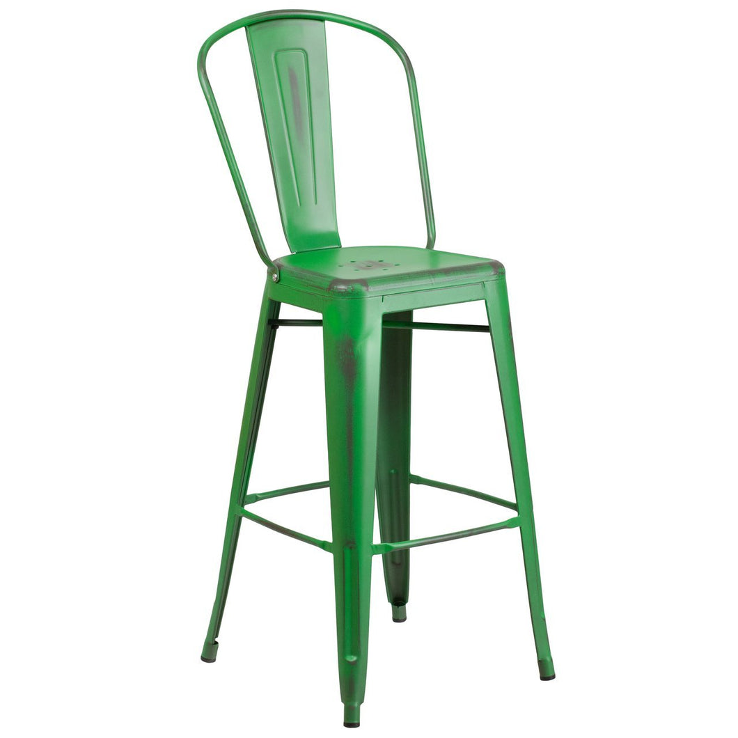 30'' High Distressed Green Metal Indoor-Outdoor Barstool with Back