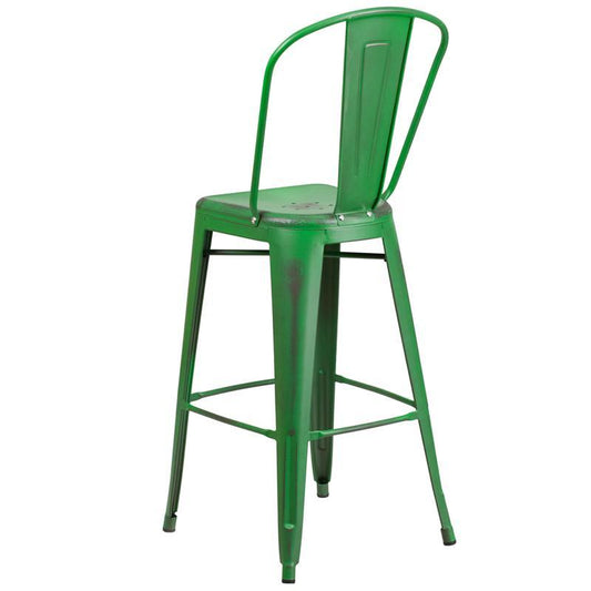 30'' High Distressed Green Metal Indoor-Outdoor Barstool with Back