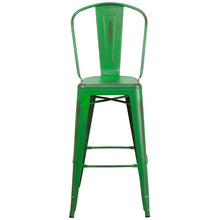 Load image into Gallery viewer, 30&#39;&#39; High Distressed Green Metal Indoor-Outdoor Barstool with Back