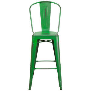 30'' High Distressed Green Metal Indoor-Outdoor Barstool with Back