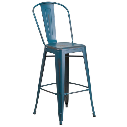 30'' High Distressed Kelly Blue-Teal Metal Indoor-Outdoor Barstool with Back