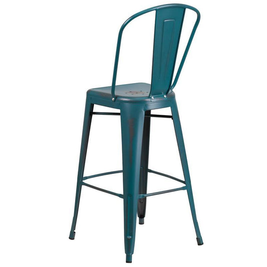30'' High Distressed Kelly Blue-Teal Metal Indoor-Outdoor Barstool with Back